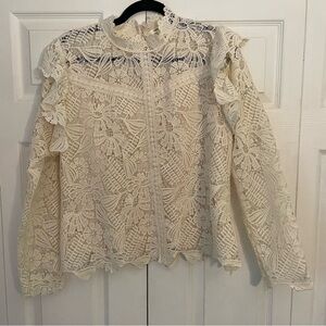 Ultra Pink White Cream Lace Long Sleeve Mock Neck Blouse Top Large